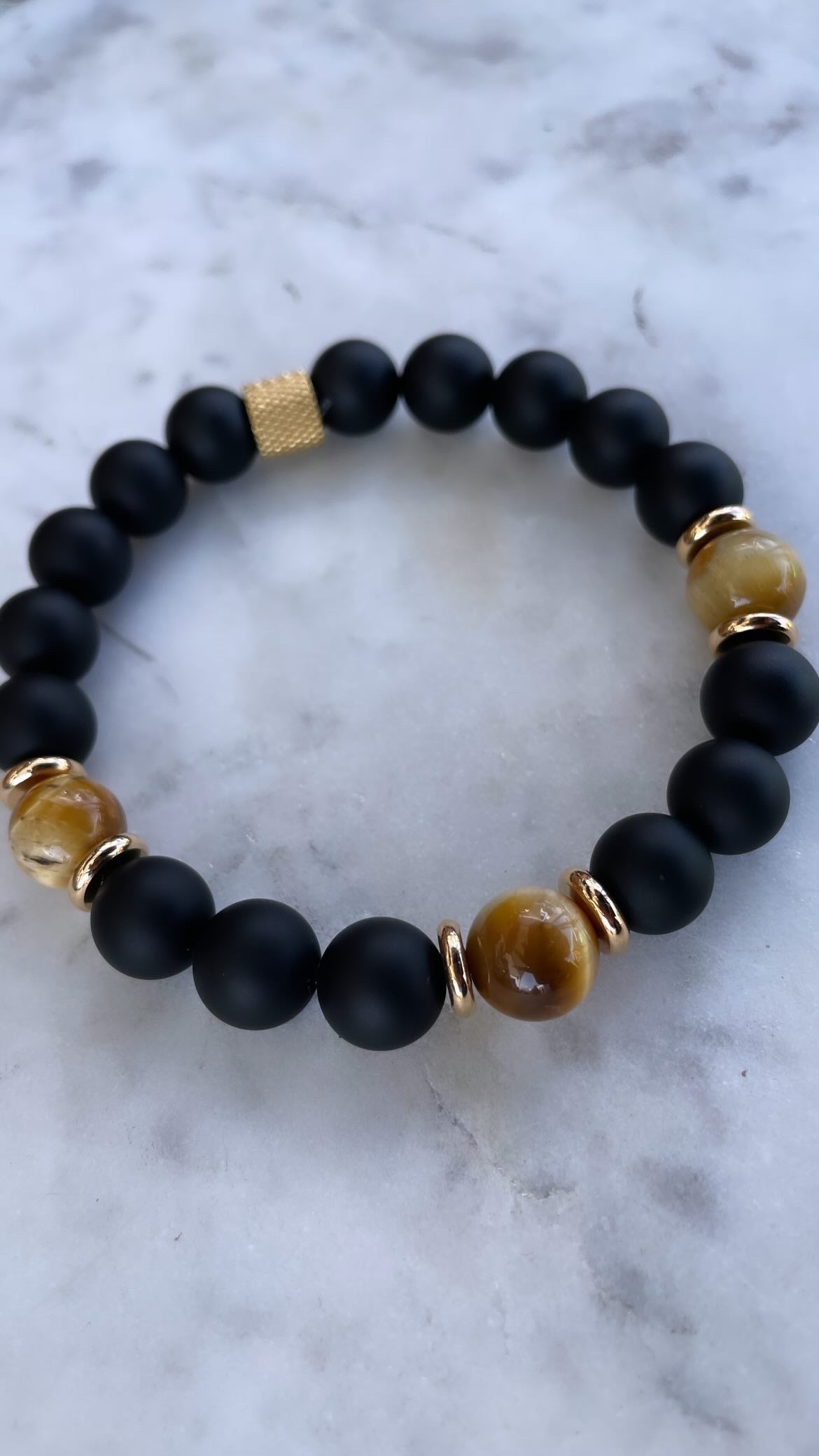 Men&#39;s Matte Onyx &amp; Yellow Tiger Eye Bracelet with Gold Roman Number Bangle Set