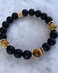 Men's Matte Onyx & Yellow Tiger Eye Bracelet with Gold Roman Number Bangle Set