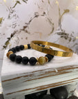 Men's Matte Onyx & Yellow Tiger Eye Bracelet with Gold Roman Number Bangle Set