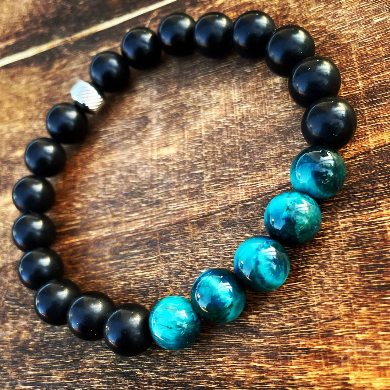 Turquoise Tiger Eye &amp; Matte Onyx 10mm with Silver
