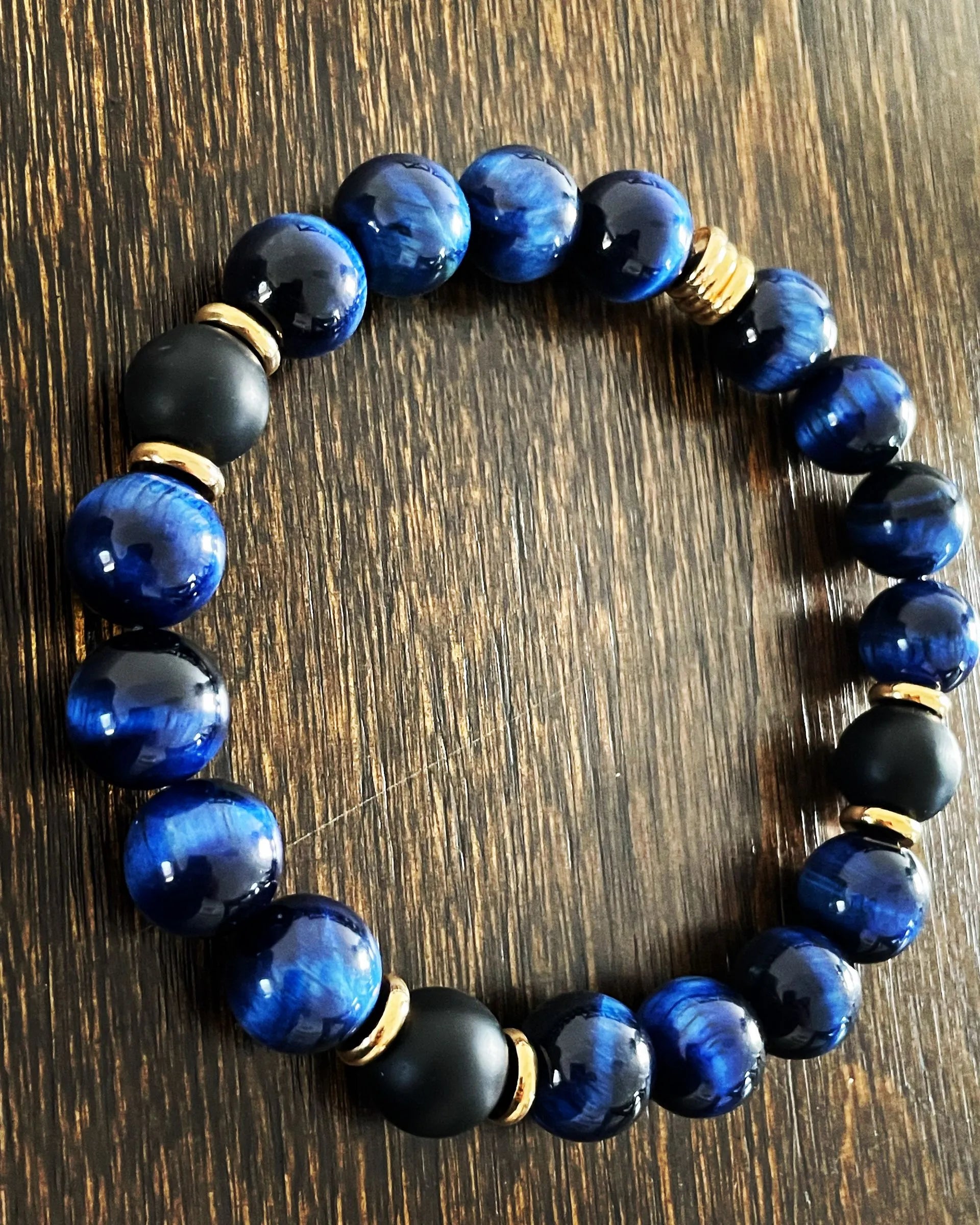 Blue Tiger Eye &amp; Onyx 12mm Bracelet