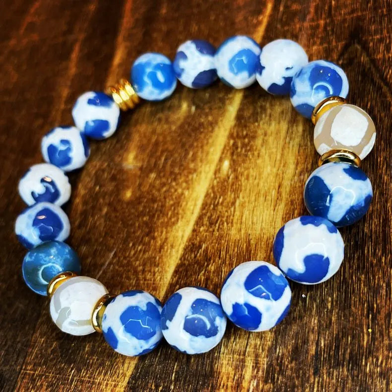 Blue and Tan Tibetan Agate 12mm Bracelet