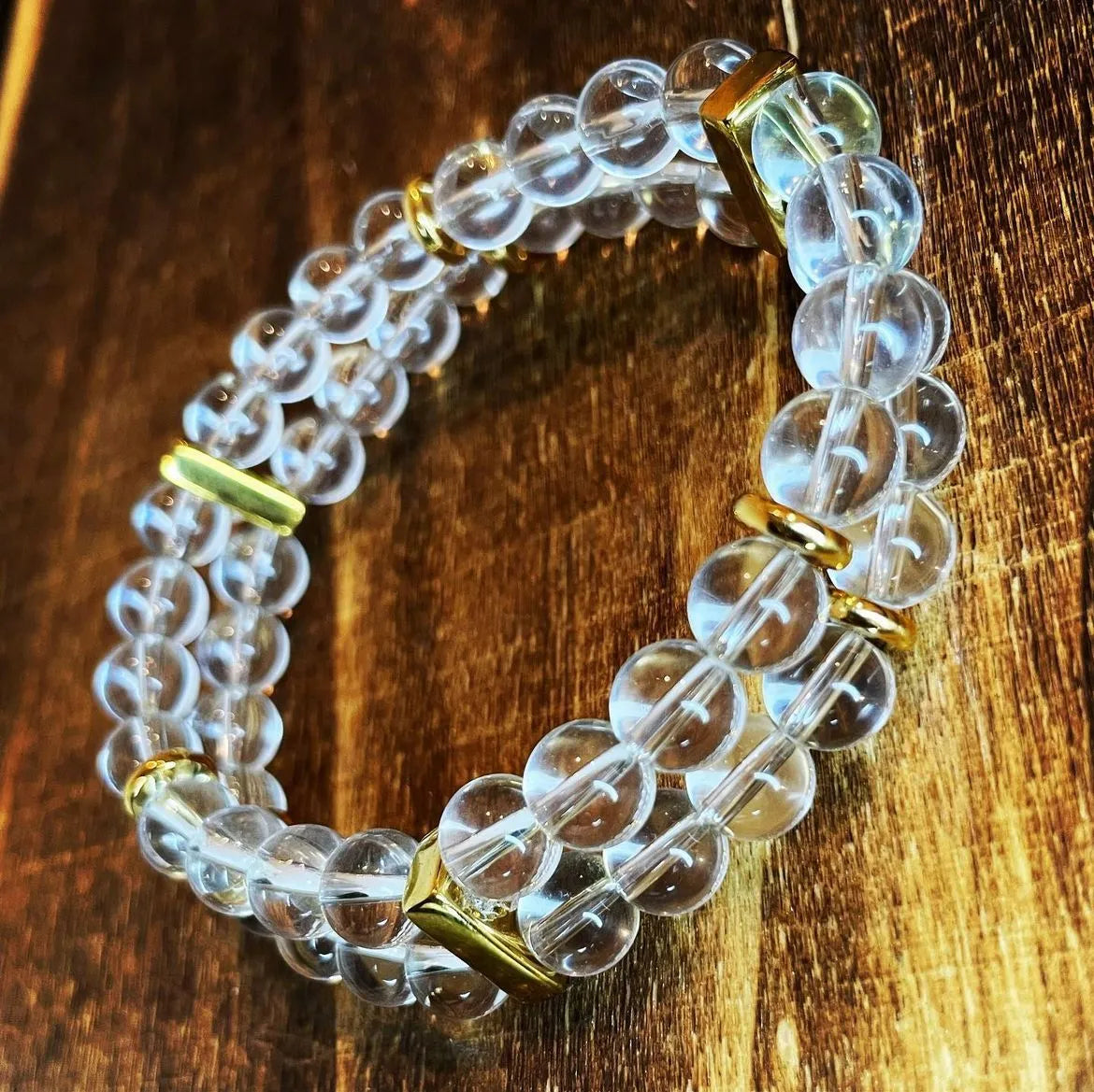 Clear Quartz and Gold Double Strand 8mm Bracelet