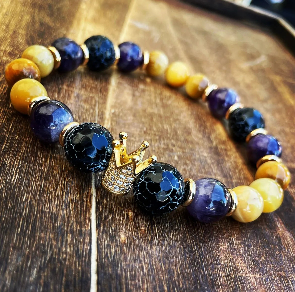 Cracked Agate, Yellow Tiger Eye &amp; Amethyst 10-12mm Bracelet