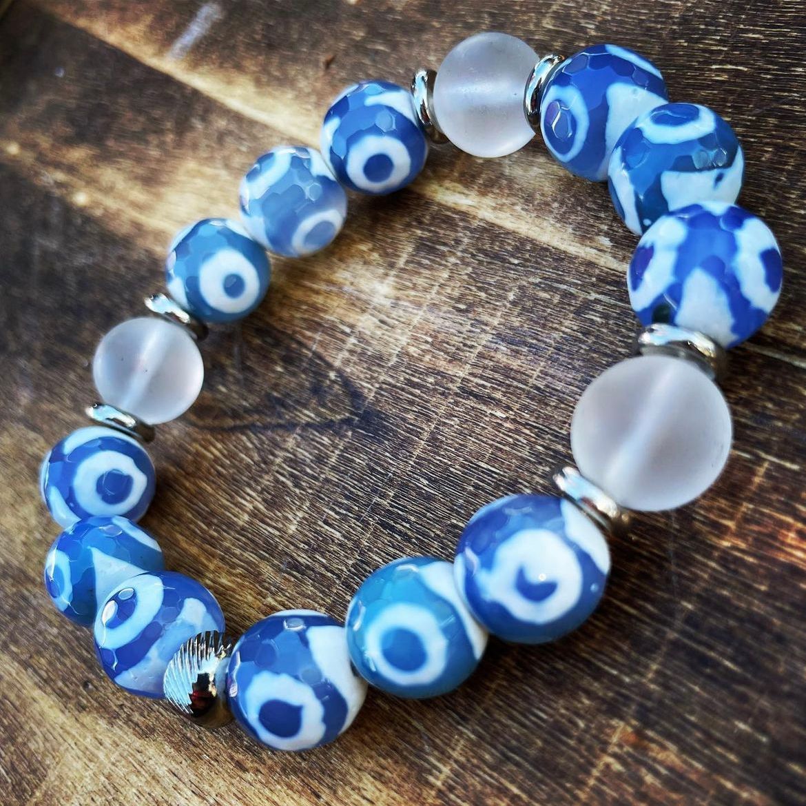 Blue Tibetan Agate with Frosted Quartz 12mm Bracelet