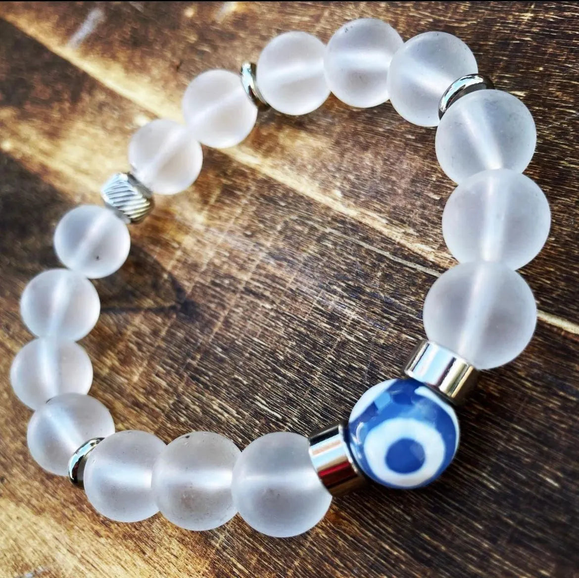 Frosted Quartz with Blue Tibetan Agate Center Piece 12mm Bracelet