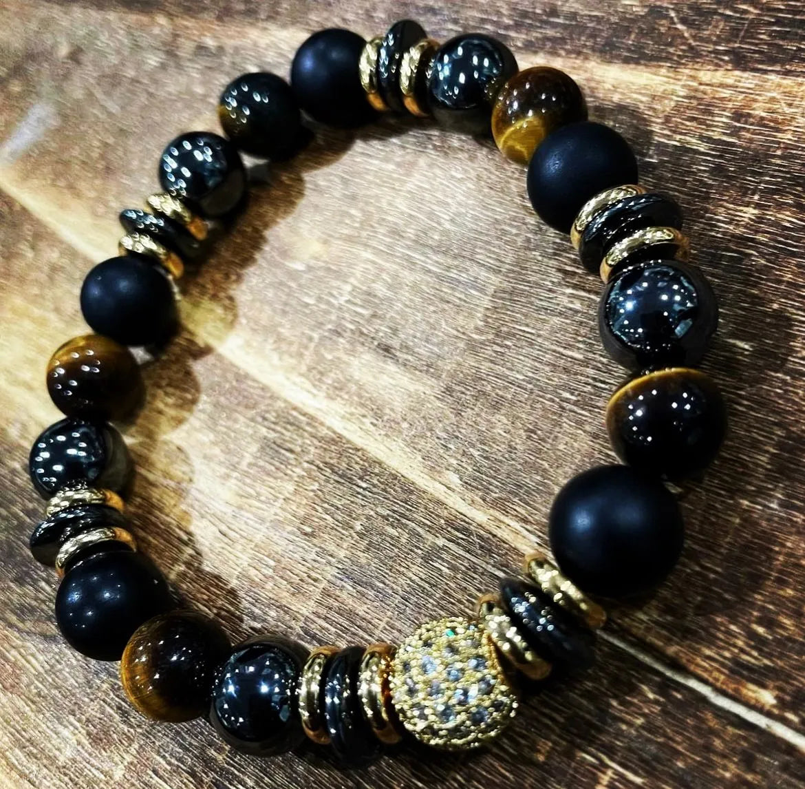 Tiger Eye, Hematite &amp; Onyx 12mm Protection Bracelet